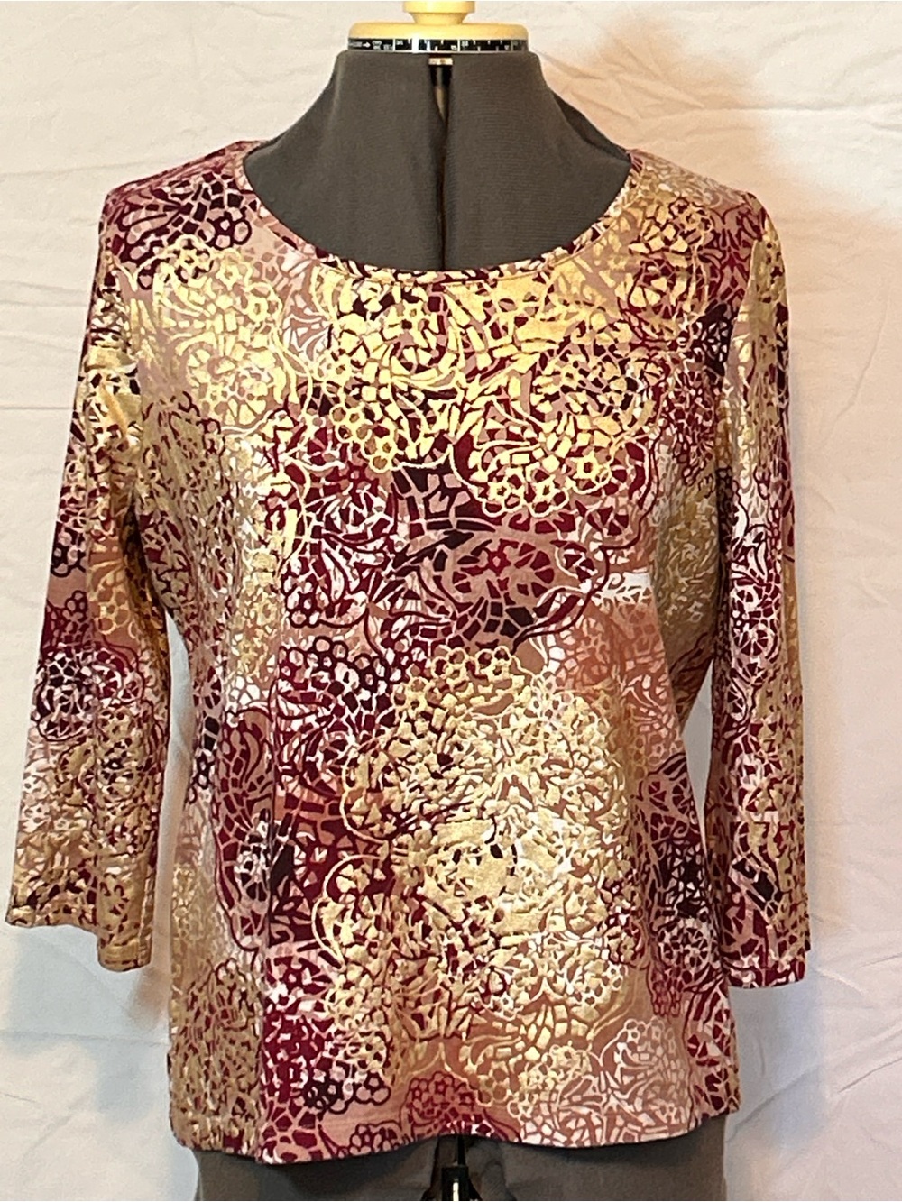 Chico’s Women’s Floral Metallic Burnout Long-Sleeve Top - Gold & Burgundy